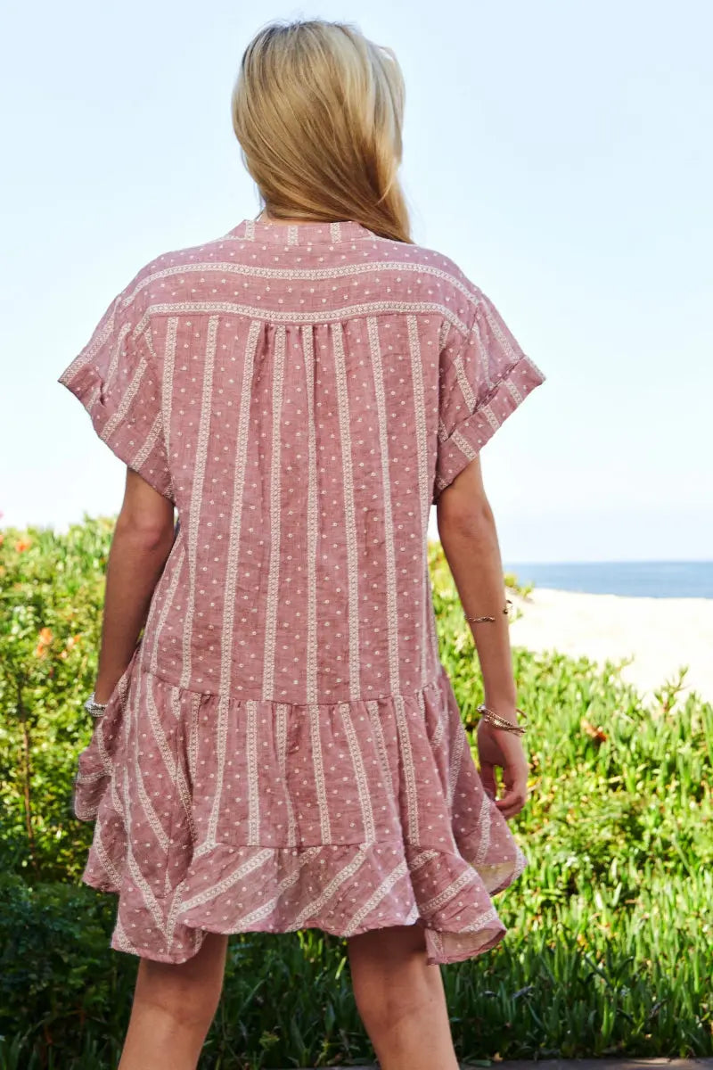 Davi & Dani Embroidery V Neck Short Sleeve Ruffled Mini Dress - Love Salve